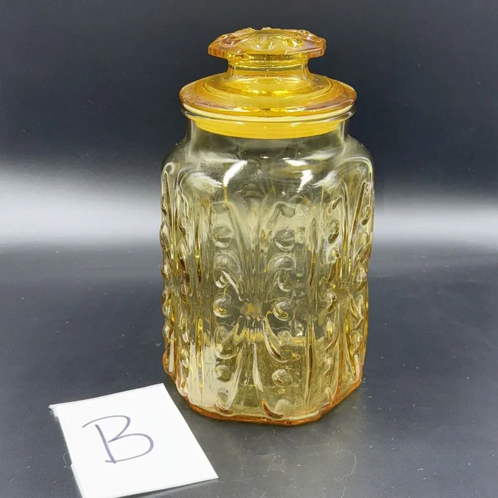 L E Smith Amber Atterbury Scroll Glass Canister Cookie Apothecary Jar 9
